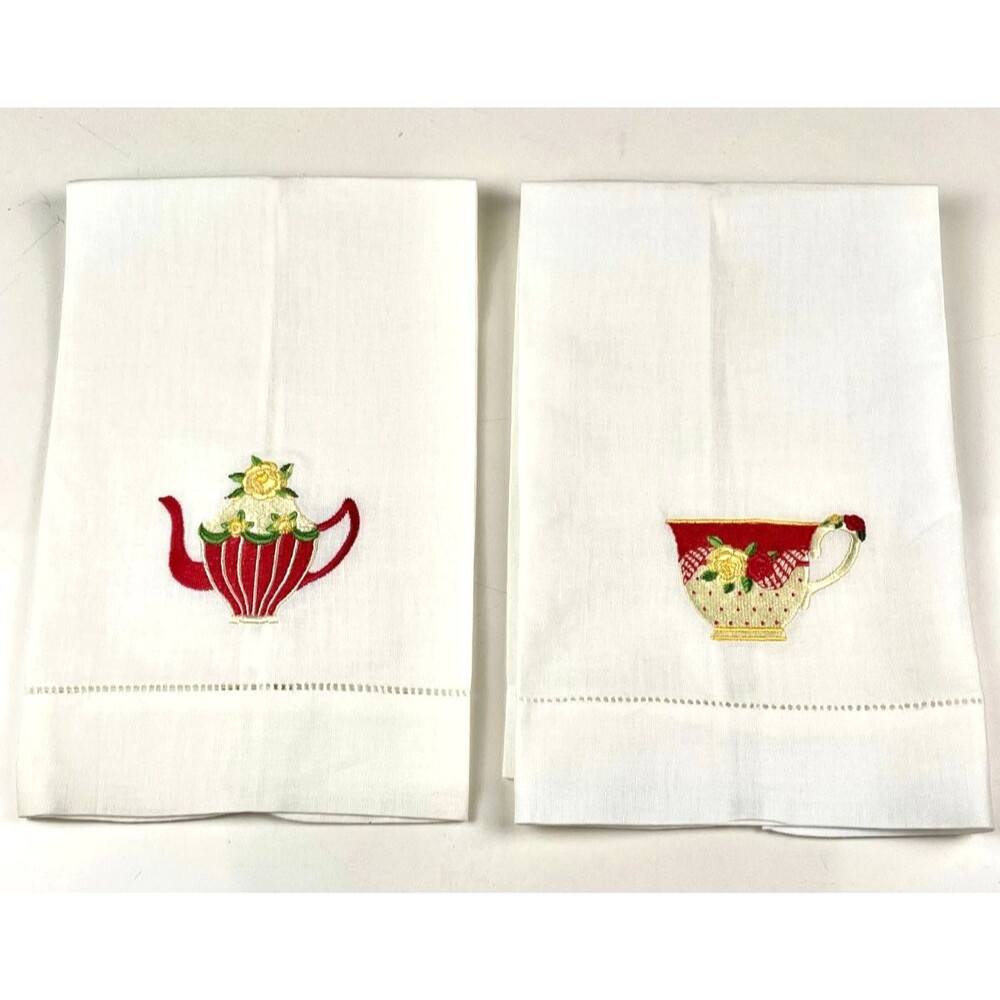 Vintage Embroidered Tea Towel Set Red Striped Teapot Teacup Yellow Rose Applique